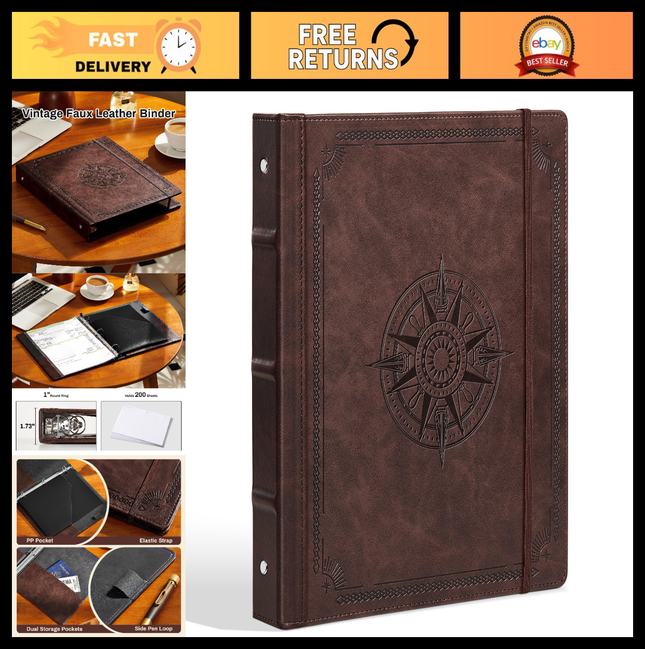 Vintage Leather 3 Ring Binder, 8.5″x11″ Letter Size, 1 Inch, Holds 200 Sheets, O
