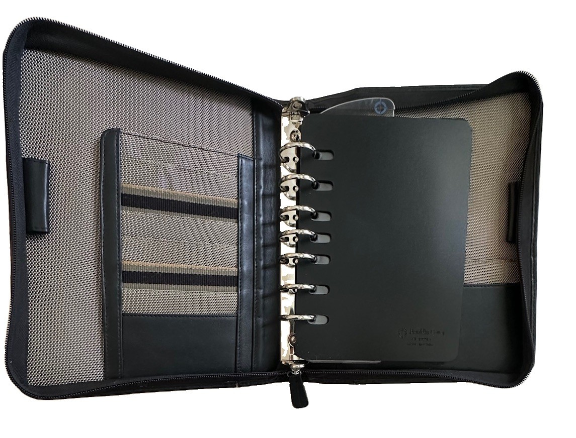 Vtg Franklin Covey Blk Full Grain Leather Planner Organizer 7 Ring Binder Zipper