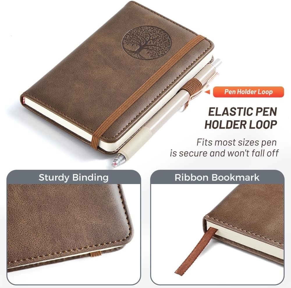 Small Pocket Notebook, Leather Journal Mini (Brown)
