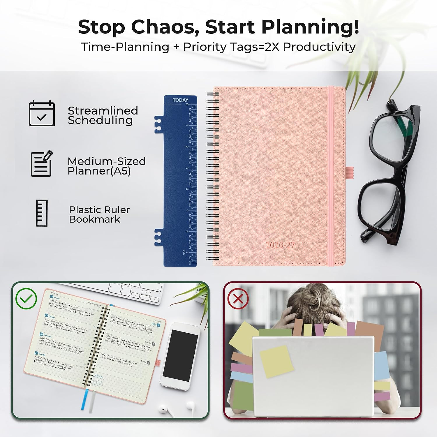 Planner 2026-2027 Daily Weekly and Monthly,8.5″X6.5″,18 Months Spiral Bound Cale