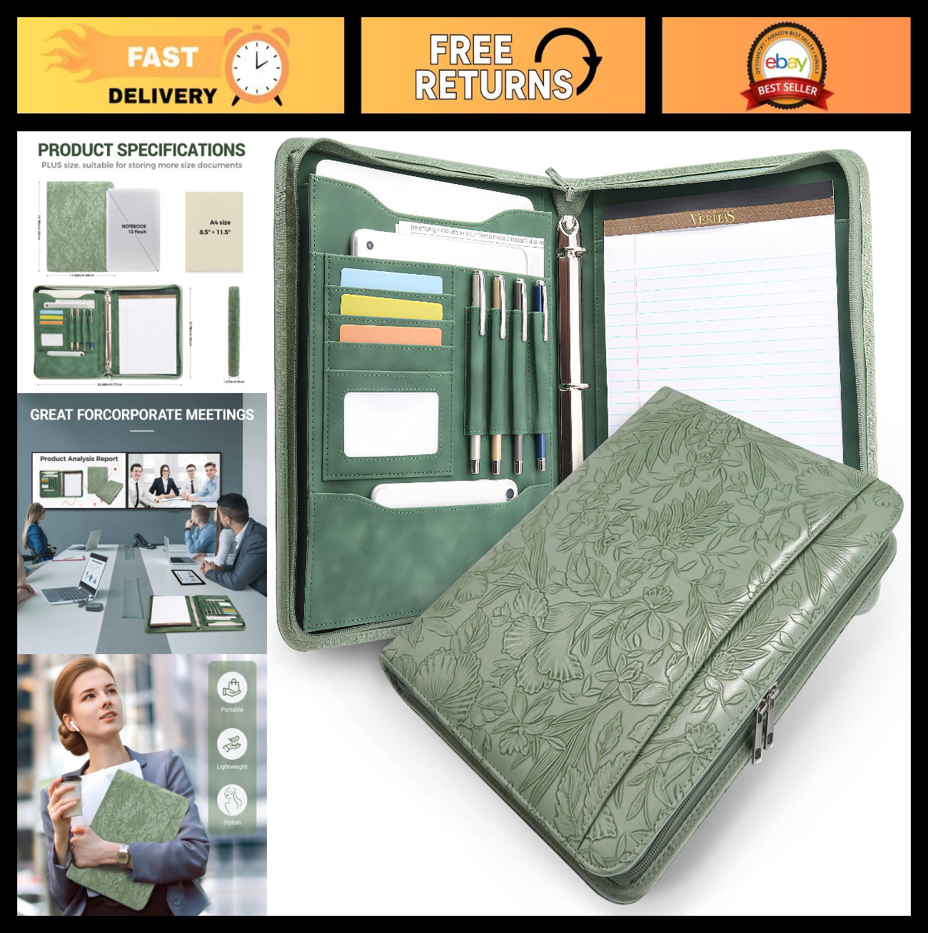 Executive Faux Leather Padfolio with 3 Ring Binder, Fits 13.9″ Laptop, Green
