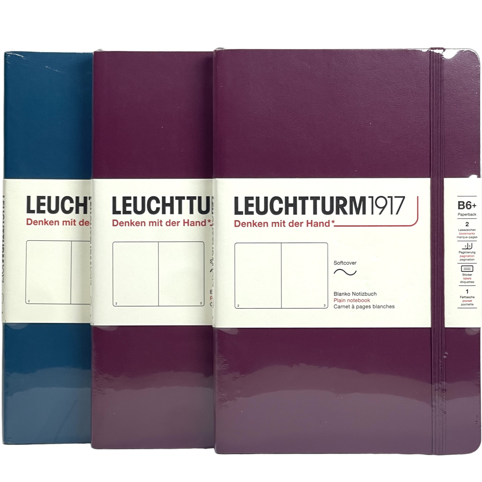 Lot of 3 – Leuchtturm 1917 Paperback B6+ Softcover Plain Notebooks Blue Red NEW
