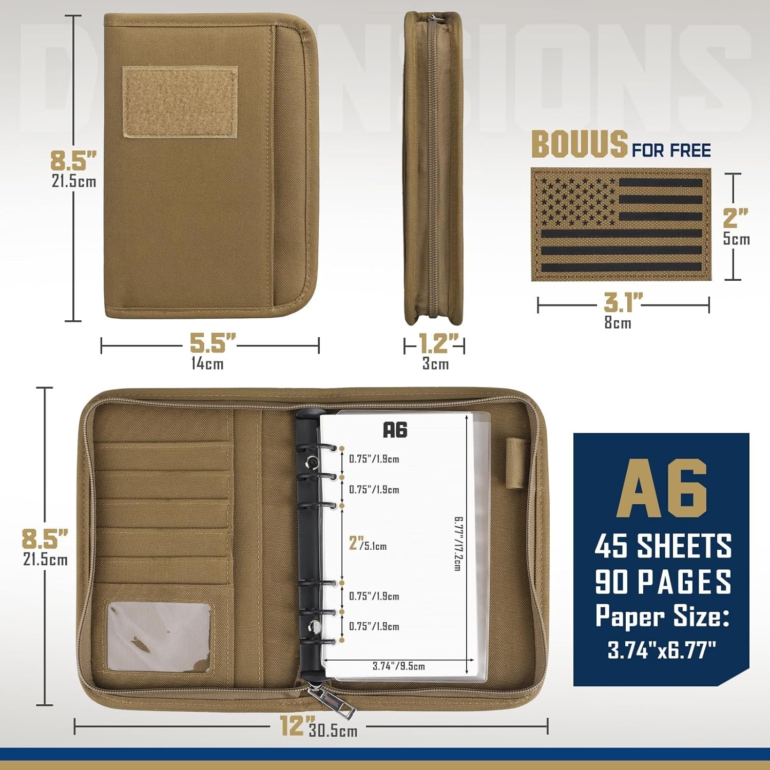 Tactical Notebook Padfolio Ring Binder – A6（5.5 x 8.5 Inches), Khaki