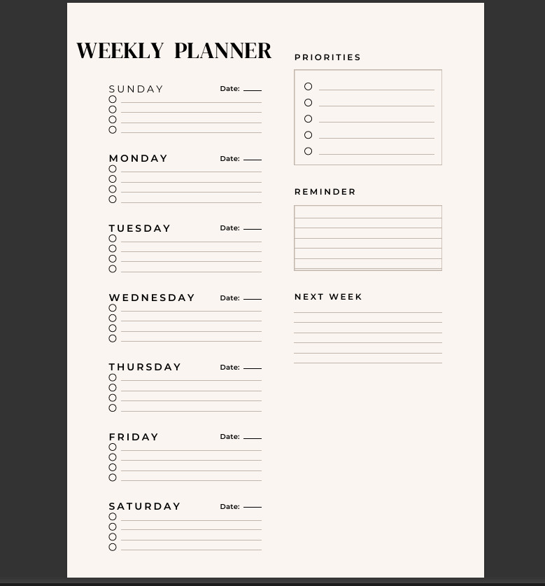 A4 Weekly Planner PDF Digital Printable – Digital File