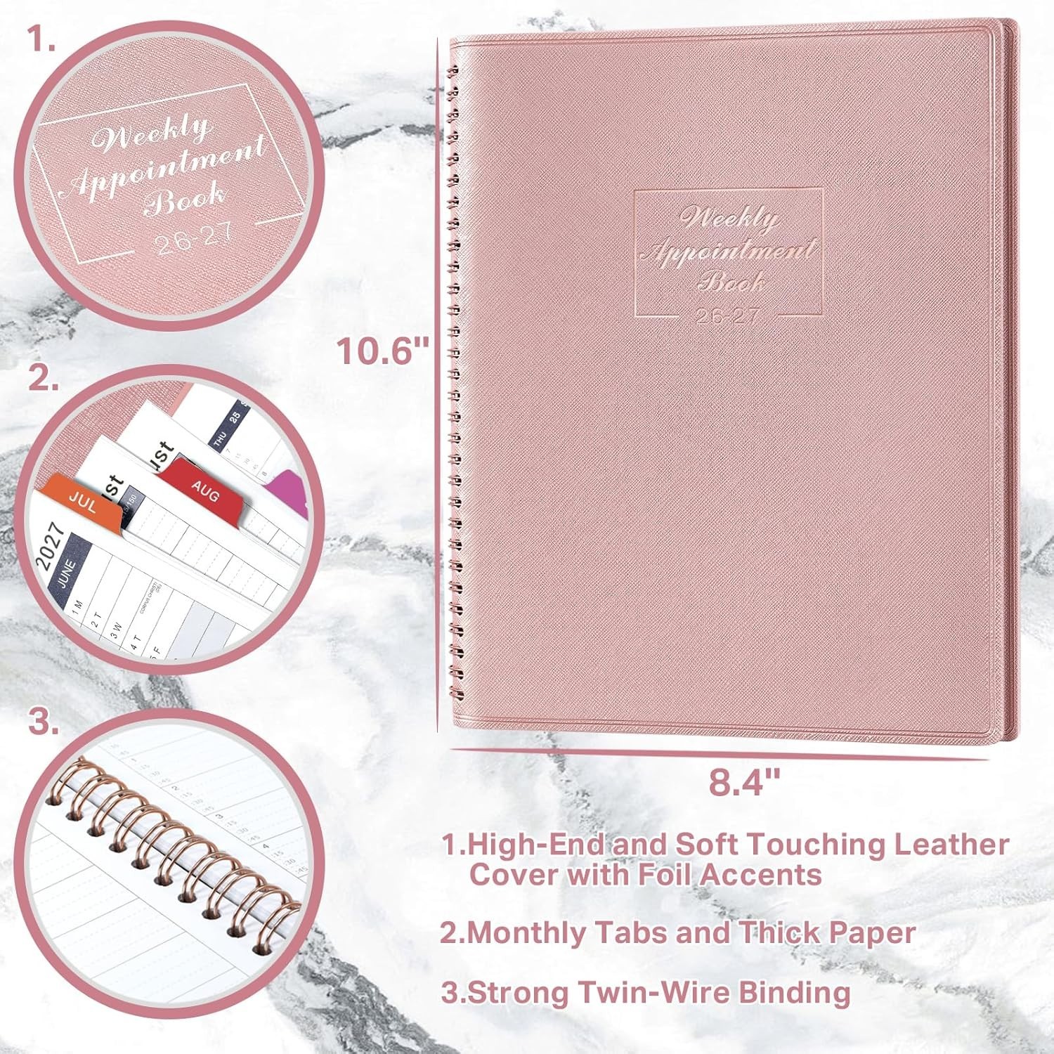 Elegant Rose Gold Hourly Appointment Planner 2026-2027 – Spiral Bound Design
