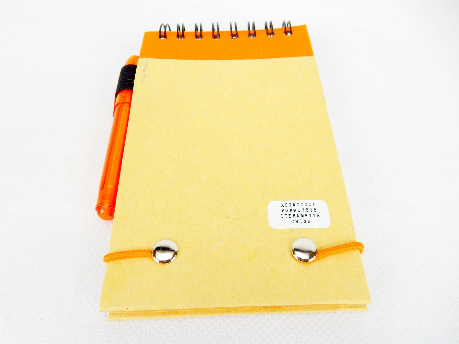 Mini Pocket Jotter Notebook & Pen, Orange, Spiral Bound, Elastic Closure, #MP778