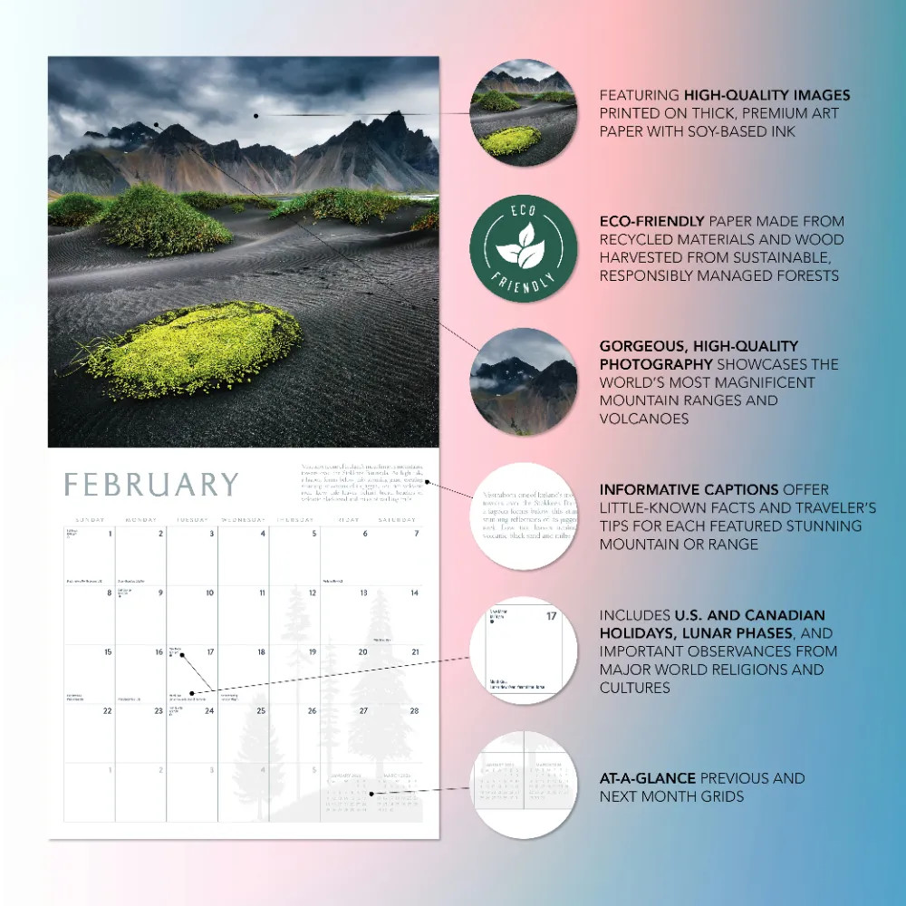 Mountains Calendar 2026 | 12″ x 24″ 12 Month | Marble City Press
