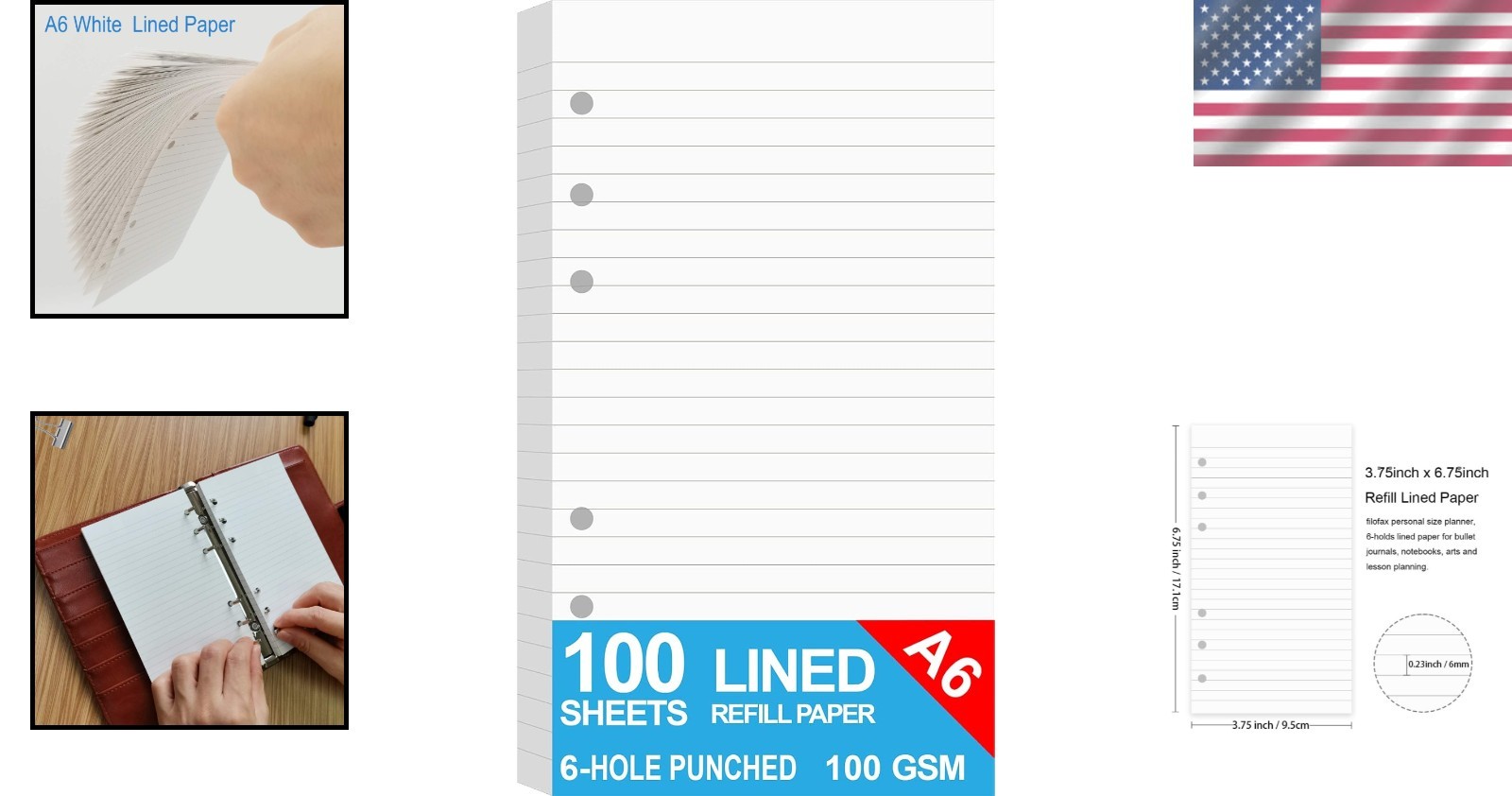 Acid-Free 100gsm A6 Lined Paper – 6 Hole Punched for Planner Inserts, 100 Sheets