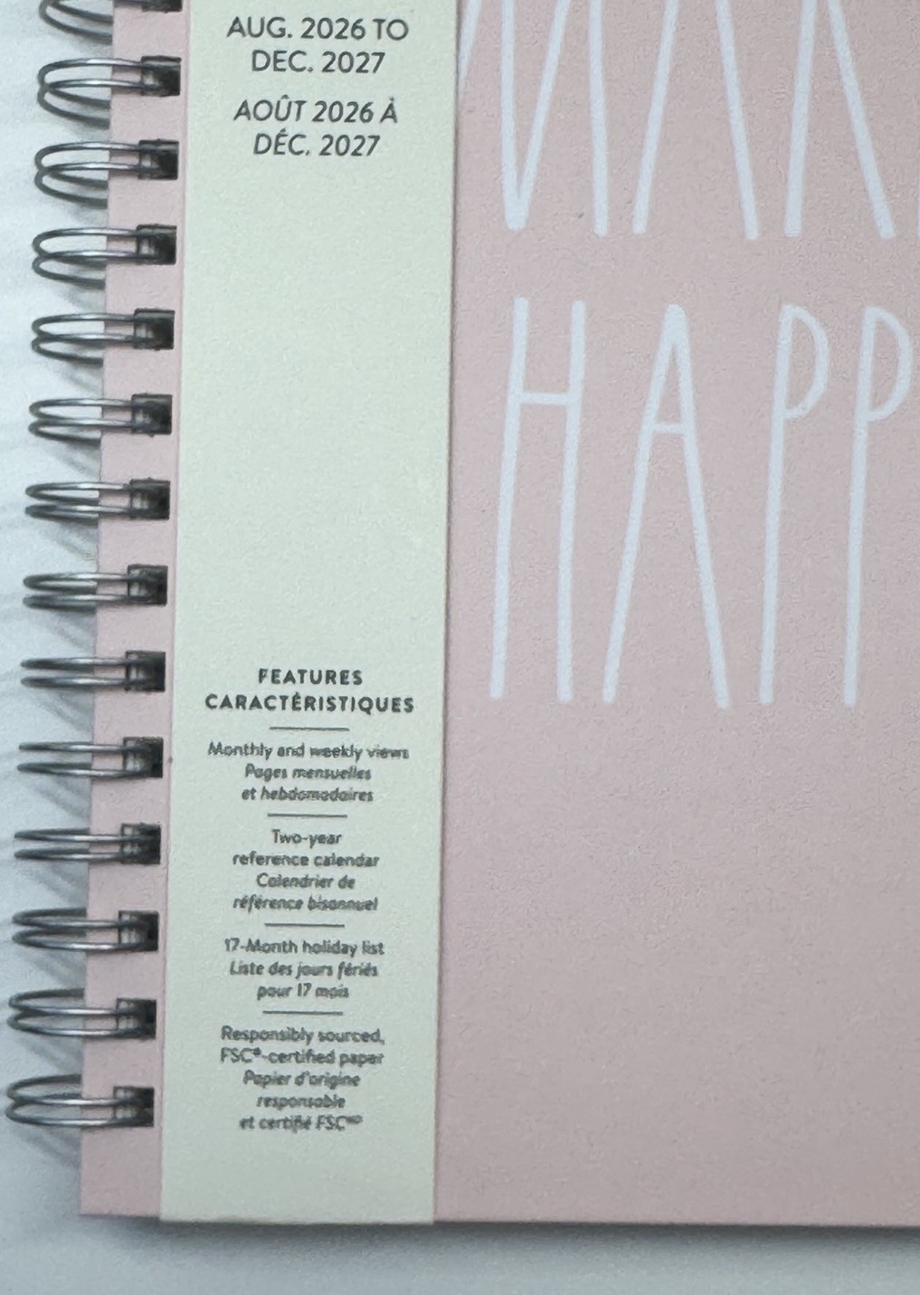 2027 Planner RAE DUNN Spiral Hard Cover 17-Month MAKE IT HAPPEN Pink White LARGE