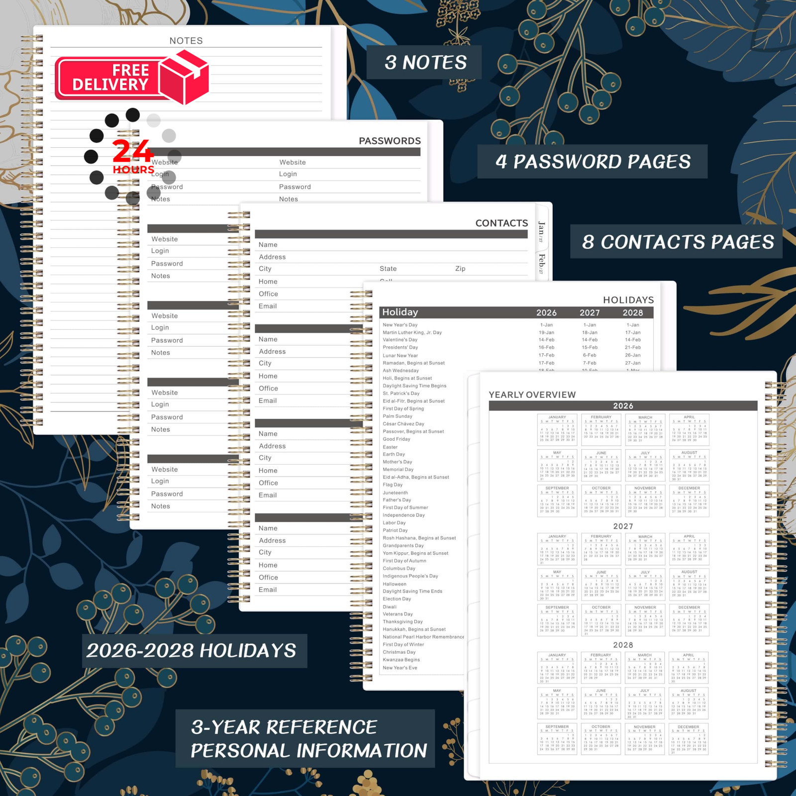 2026-2028 Monthly Planner – 2 Year Planner/Calendar 11″ x 9″, blue