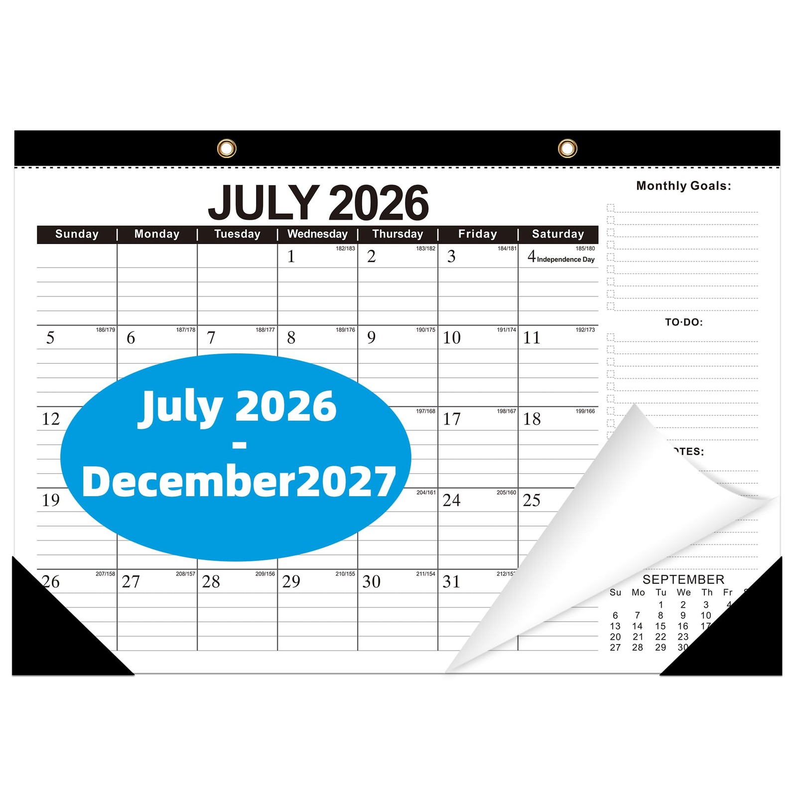 ZTX Desk Calendar 2026-2027 Wall 17″x12″Jul.2026-Dec.2027, Black