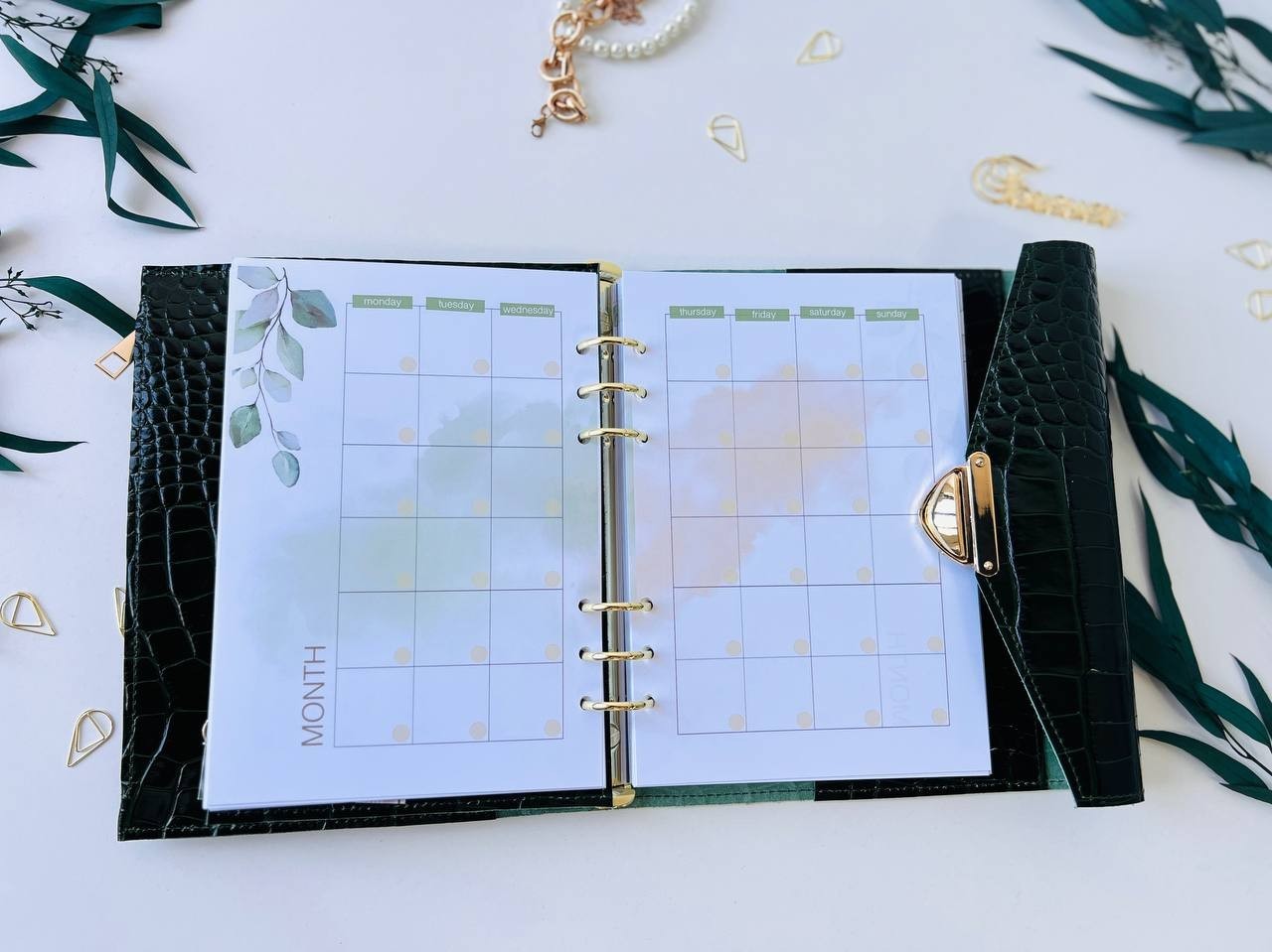 Green Genuine Leather Organizer – Croc Print notebook