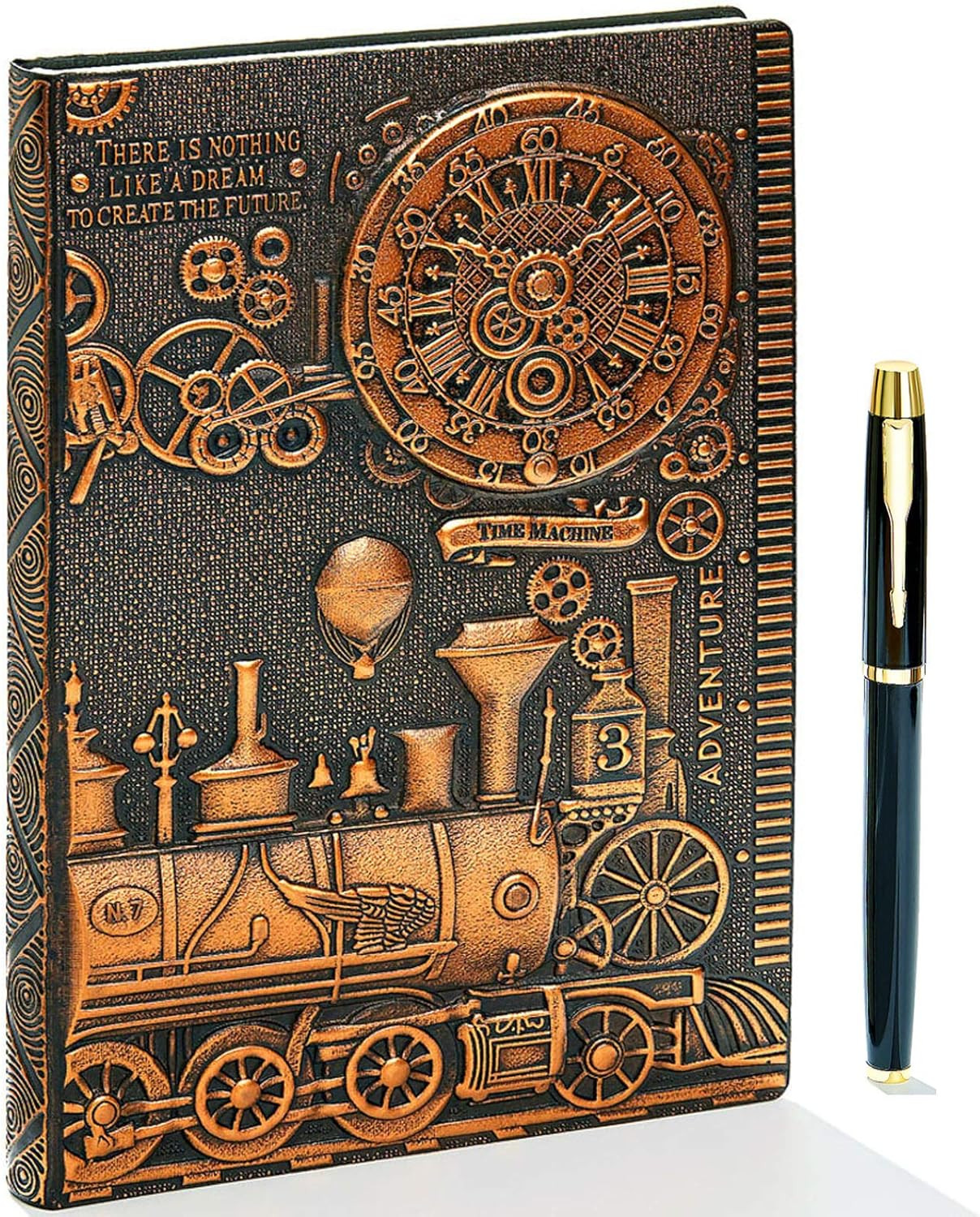 Vintage Train Embossed Leather Writing Journal Notebook with Pen Set,Antique Han