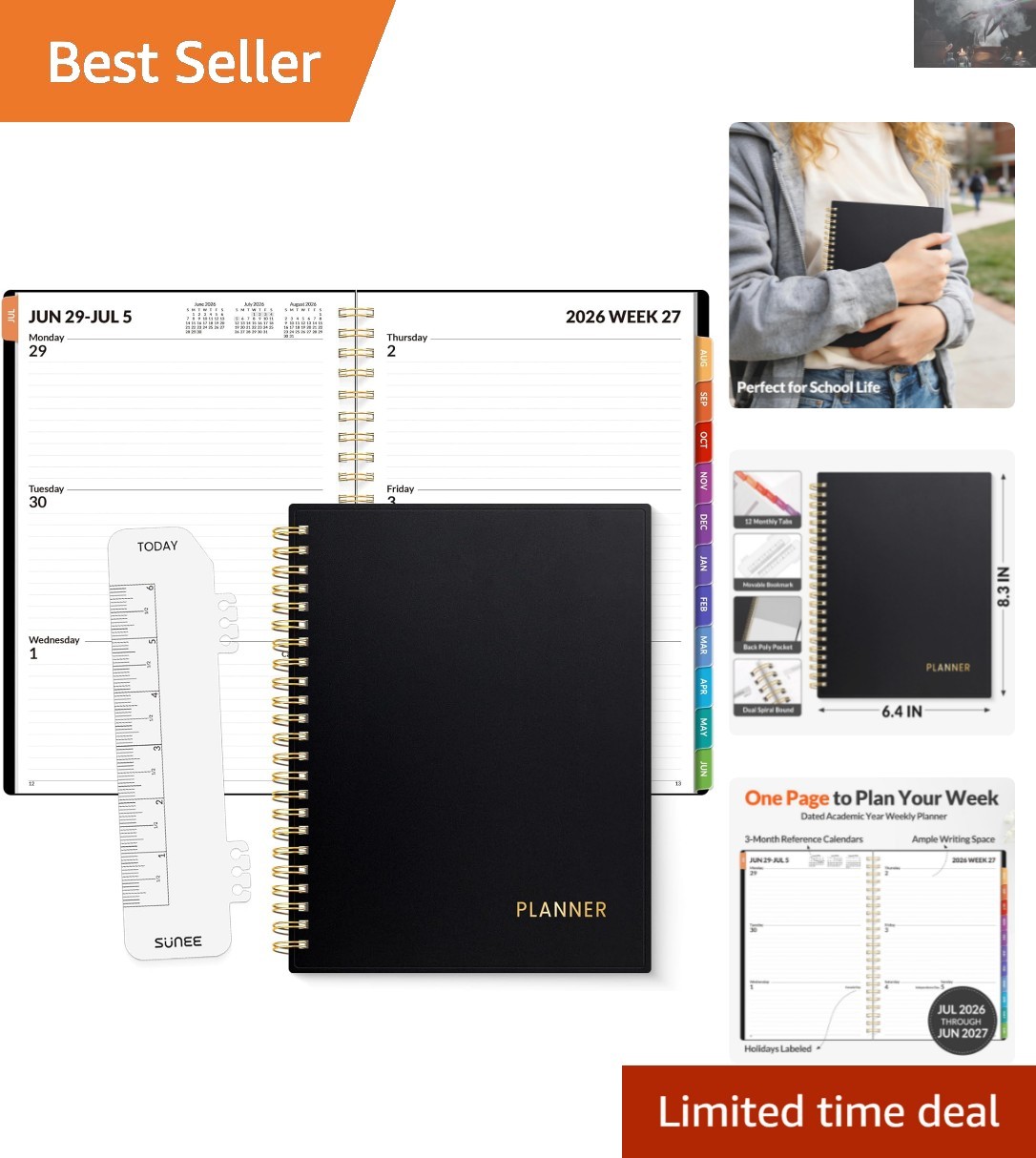 Portable 2026-2027 Weekly & Monthly Academic Planner: Black with Rainbow Accents