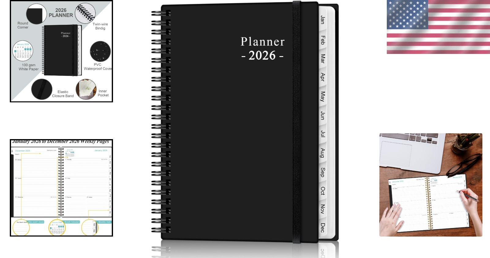 Sleek Black-E 2026 Planner: Compact Weekly & Monthly Organizer, 6.4″ x 8.5″