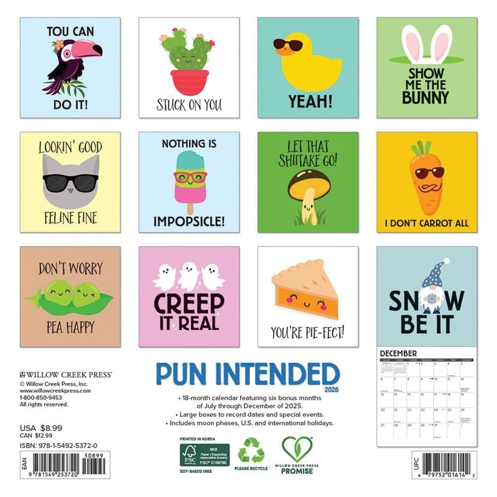 Willow Creek Press, Pun Intended 2026 Mini Wall Calendar, 7” X 7”, Multi
