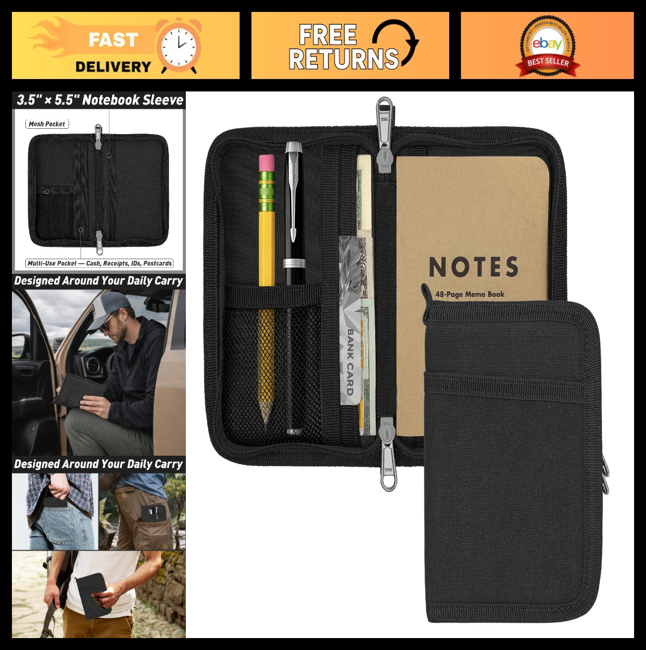 Waxed Canvas Journal Cover for Field Notes & Moleskine, YKK Zipper, Water Resist