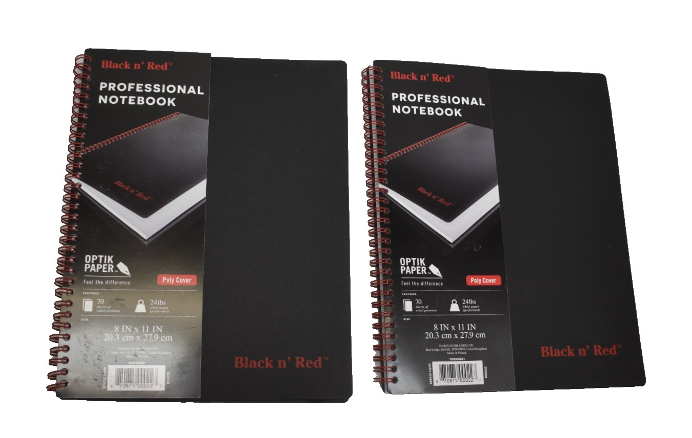 Lot Of 2 Black N’ Red Poly Cover Twin Wire Notebooks 70 Sheets 8″ x 11″