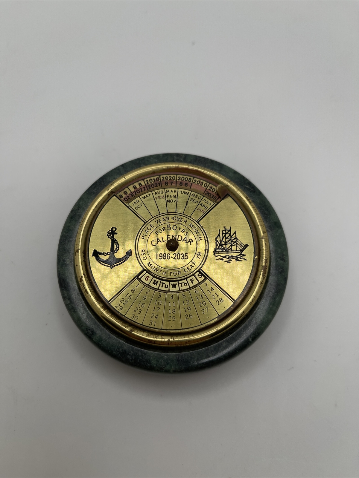 VTG 50 Year Desktop Nautical Calendar 1986-2035 Paperweight Brass And Marble