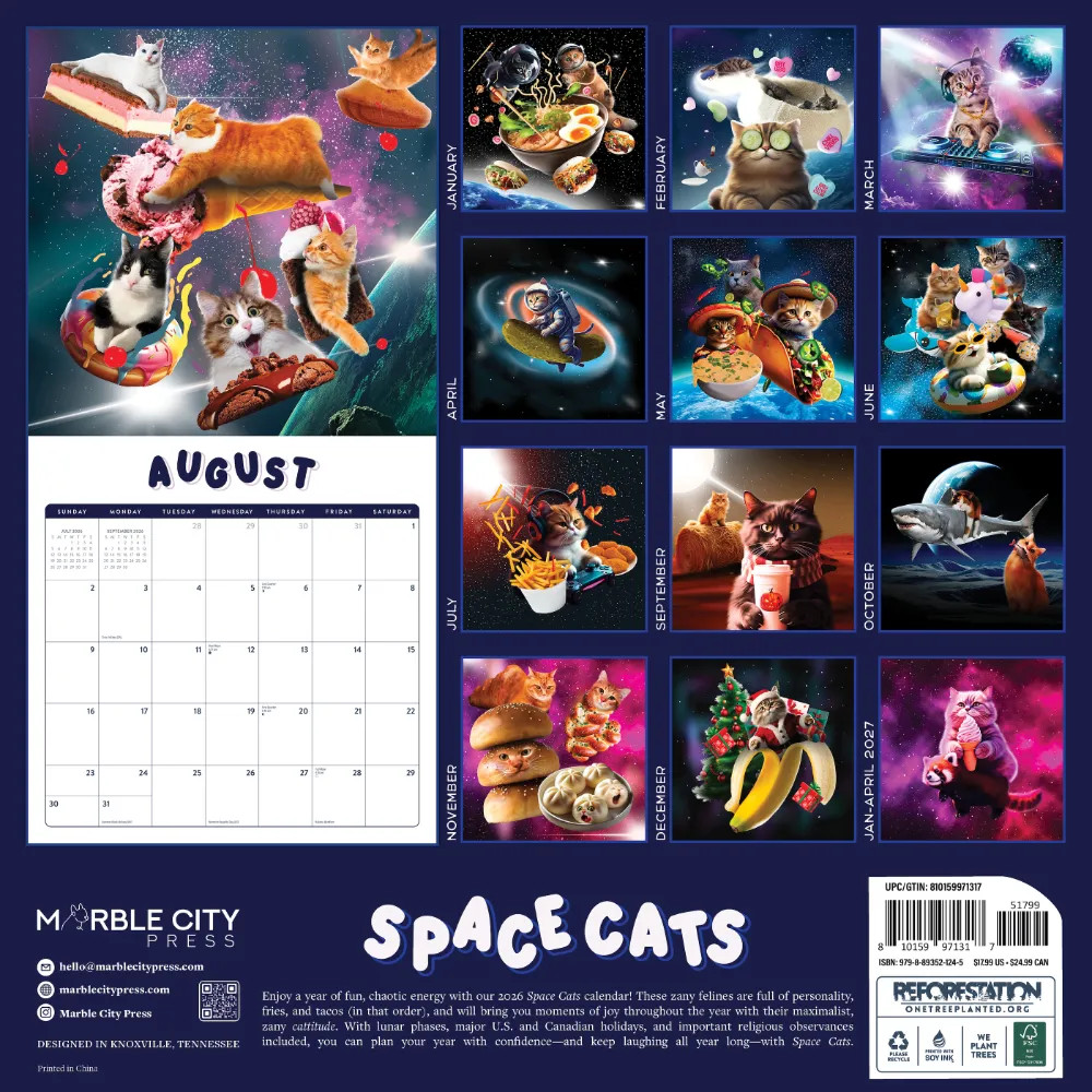 Space Cats Calendar 2026 | 12″ x 24″ 12 Month Calendar | Marble City Press