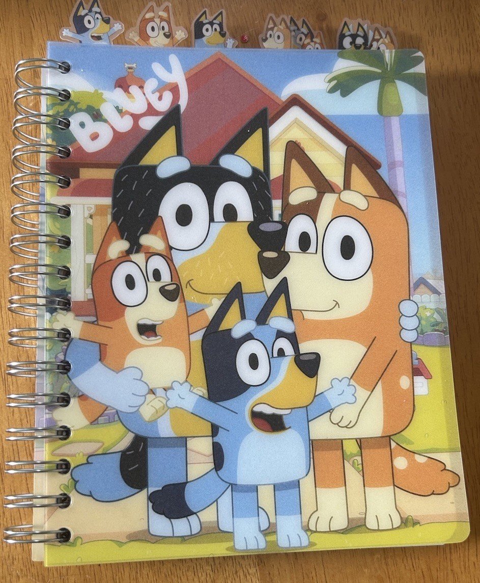 Bluey Spiral Notebook 8×7, 144 Lined Pages, Vinyl Cover, 6 Tab Dividers
