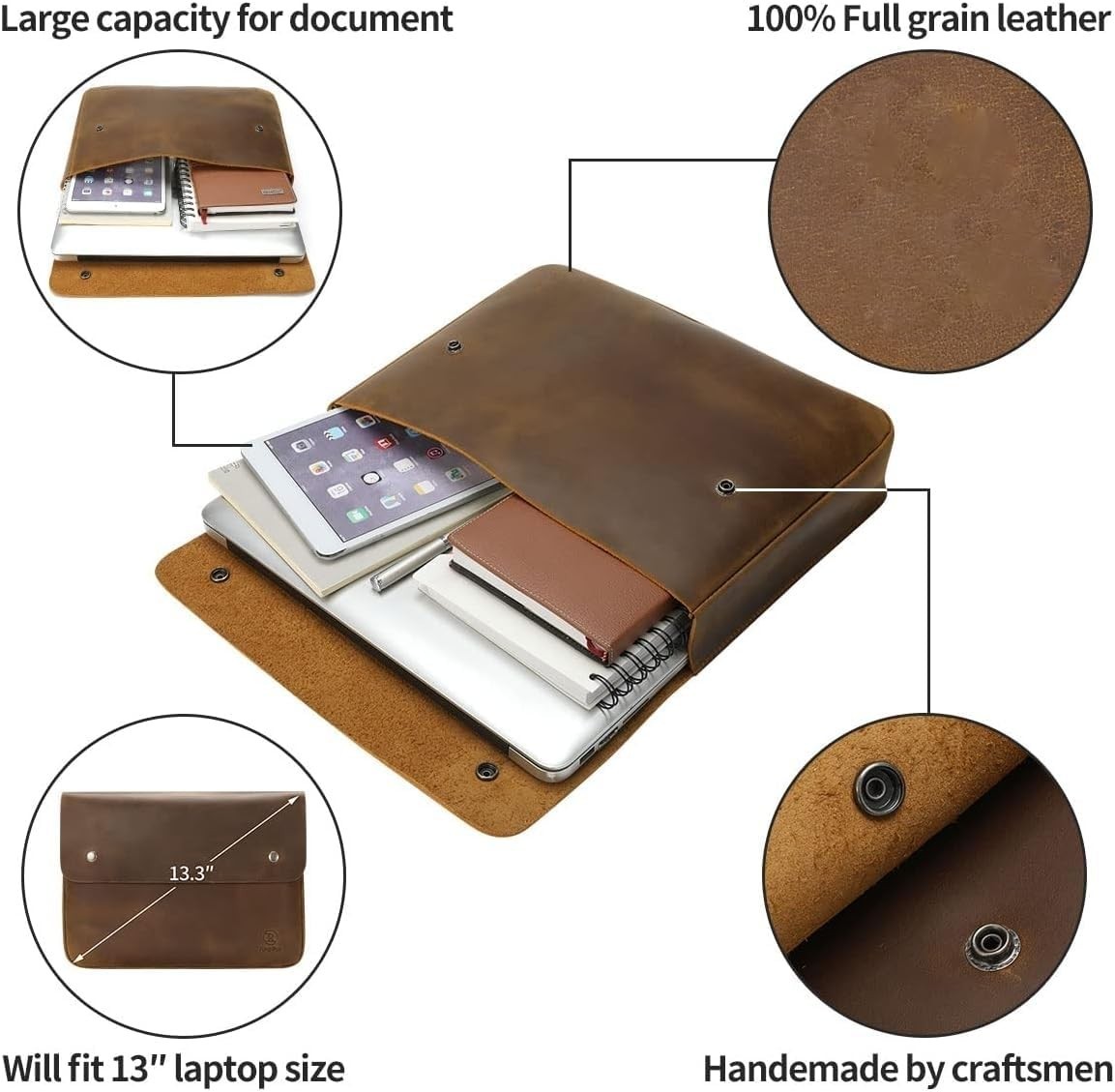 Spacious Leather File Organizer & Document Holder, A5 Binder, Laptop Sleeve for