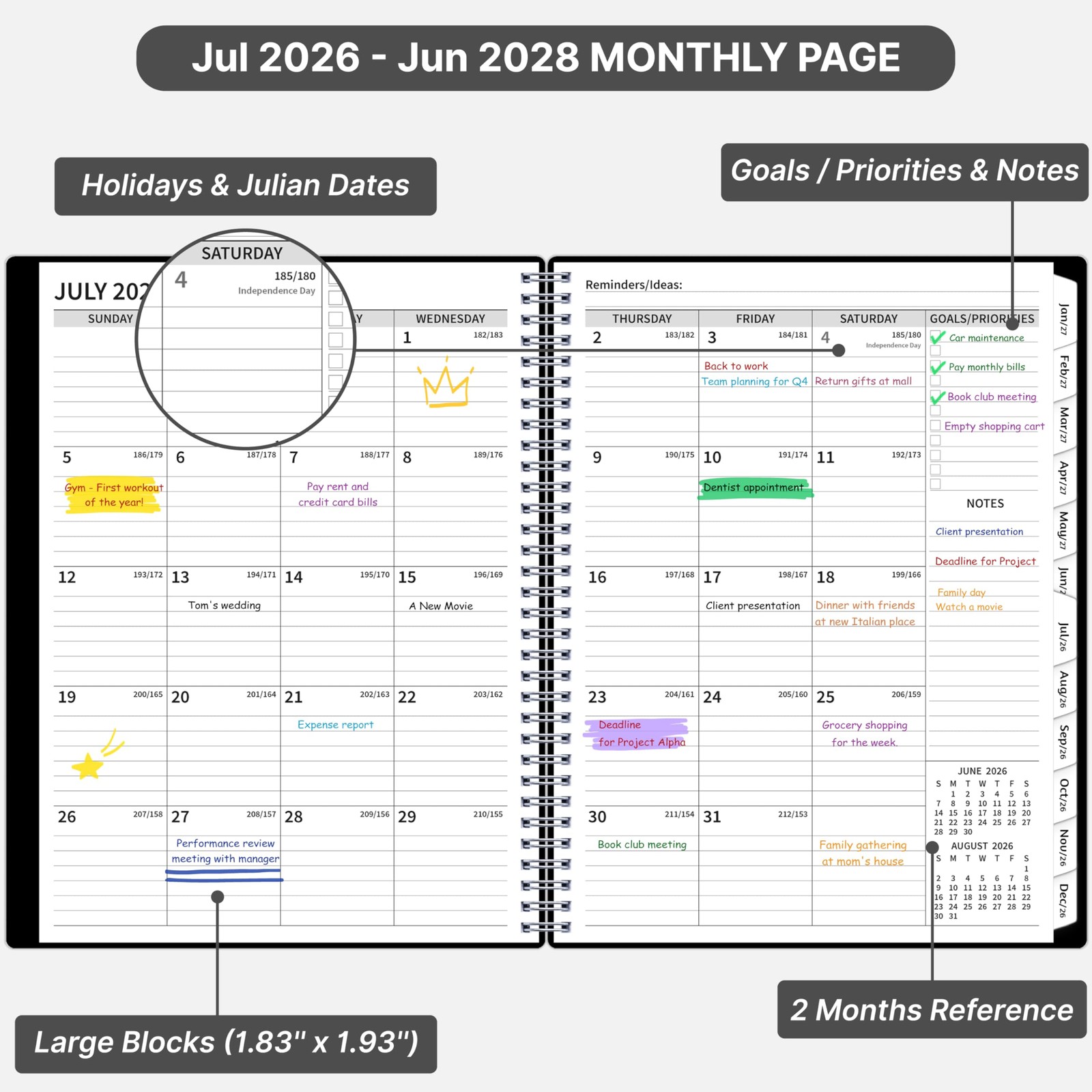 2026-2028 Monthly Planner, 2 Year Calendar 8.5 x 11 inches, Black