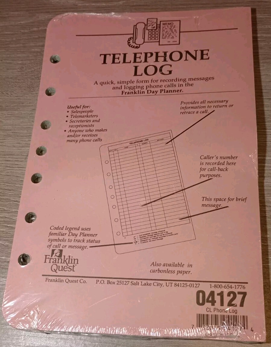 1994 Franklin Day Planner Quest Telephone Refill Pages x2 Classic 04127 USA