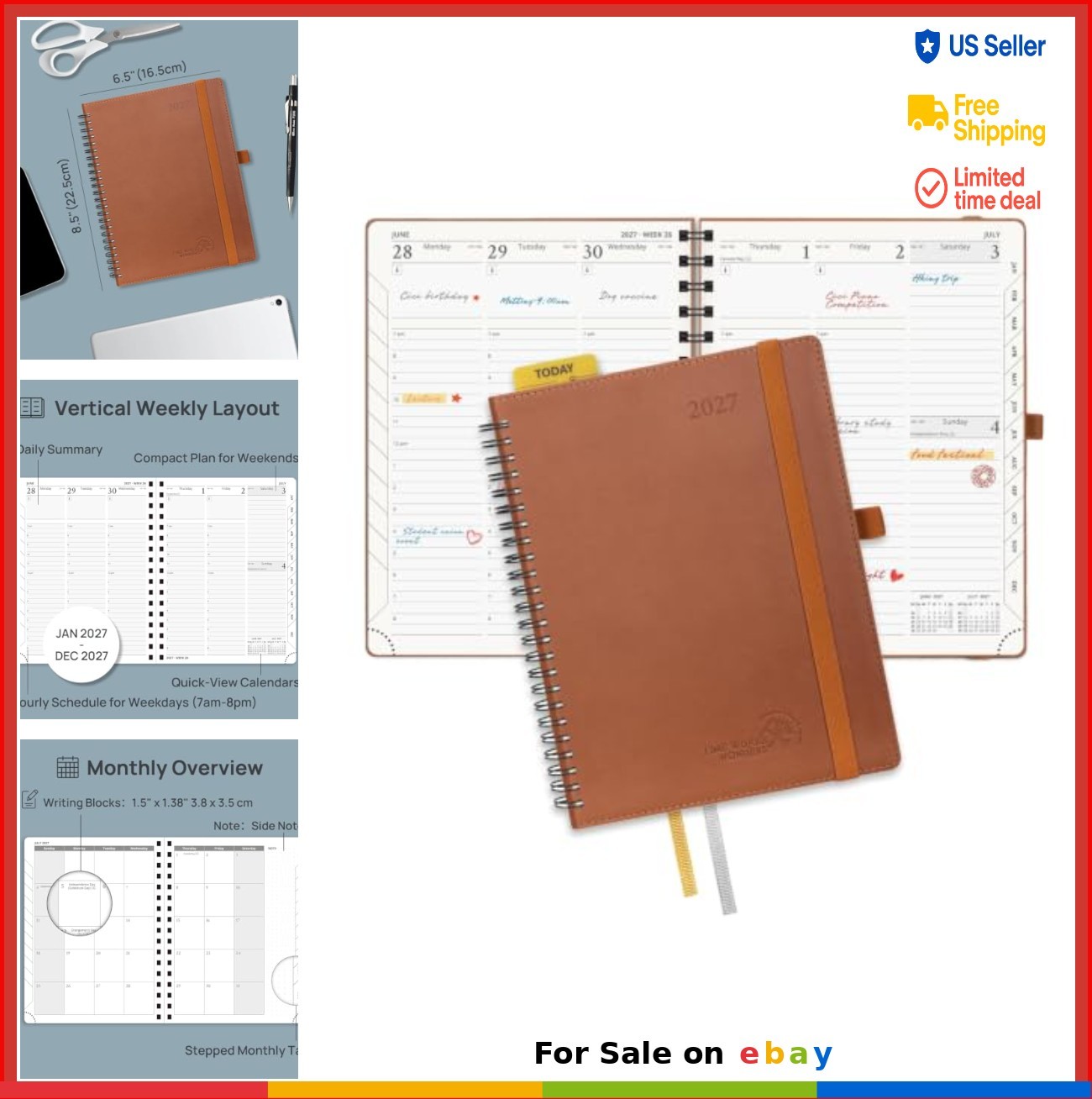Weekly Monthly Planner 2027 6.5×8.5 Inch Spiral Leather Cover Hourly Time Slots
