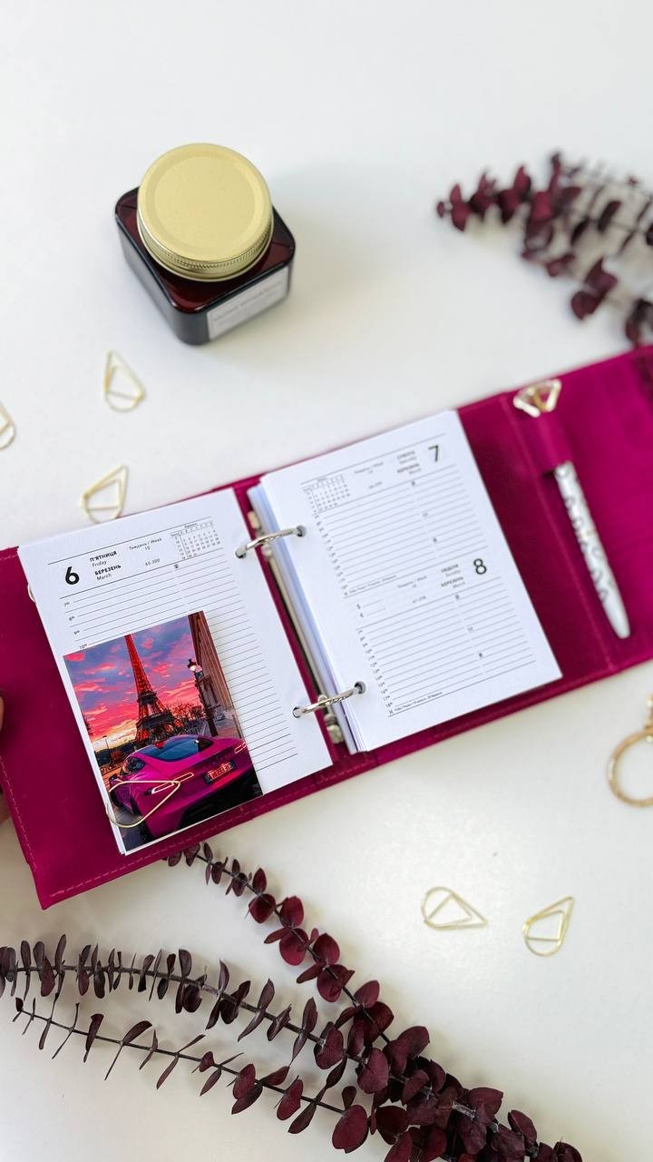 Pink leather notebook cover A7 binde rings mini wallet. Dated planner gift.