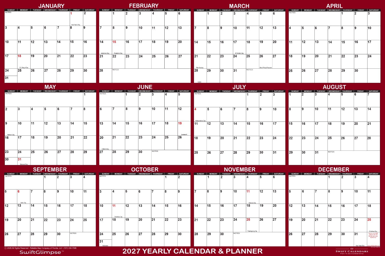 32″ x 48″ SwiftGlimpse 2024 Wall Calendar Erasable Yearly Wall Planner – Maroon