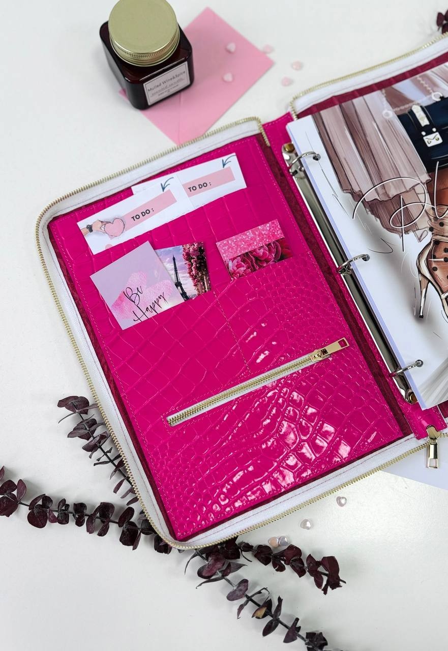 Italian Leather A4 Portfolio. Pink A4 planner Zippered Binder.