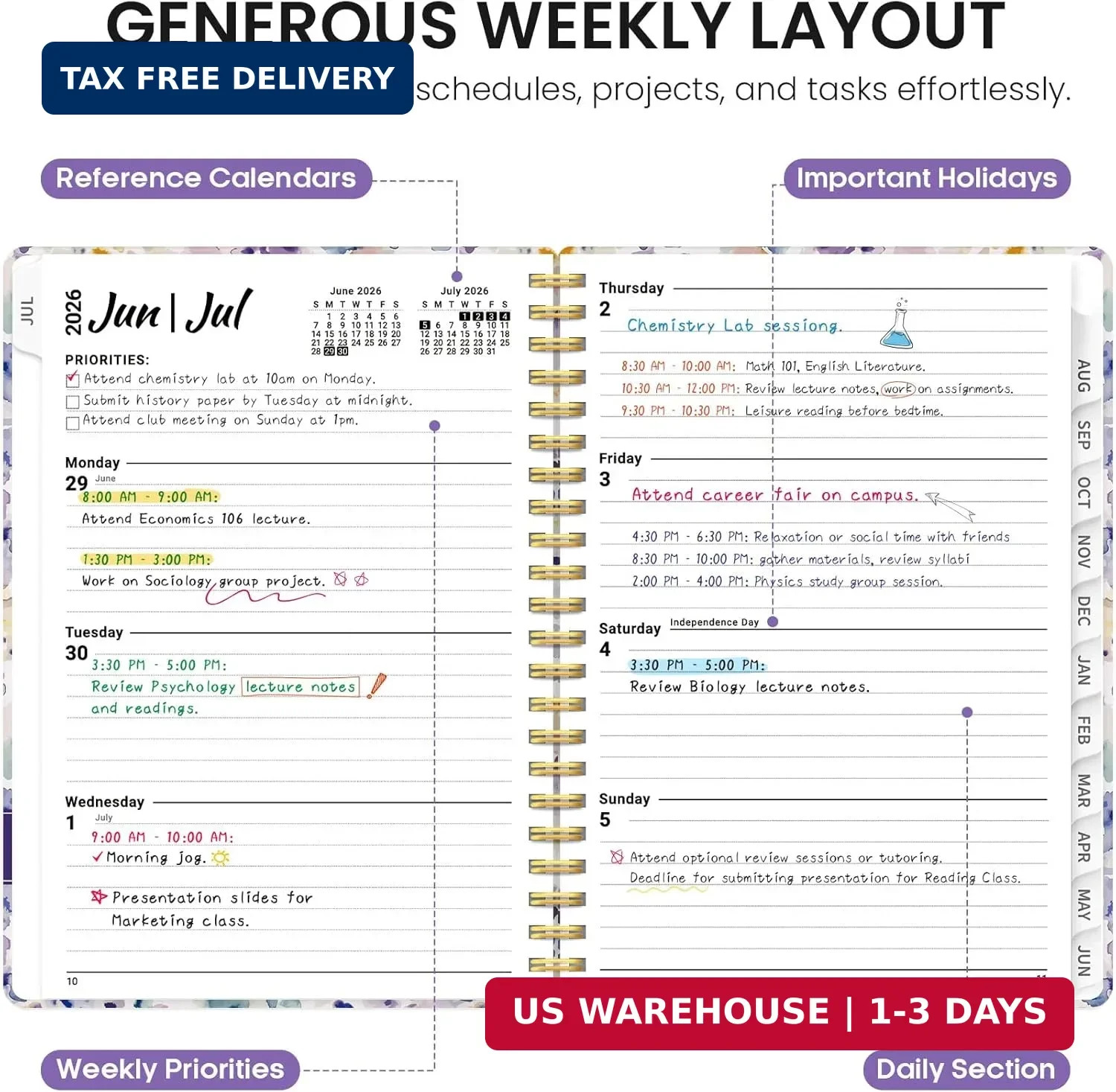 Planner 2026-2027, Academic Year Monthly & Weekly Calendar Book, Jul 2026-Jun 20