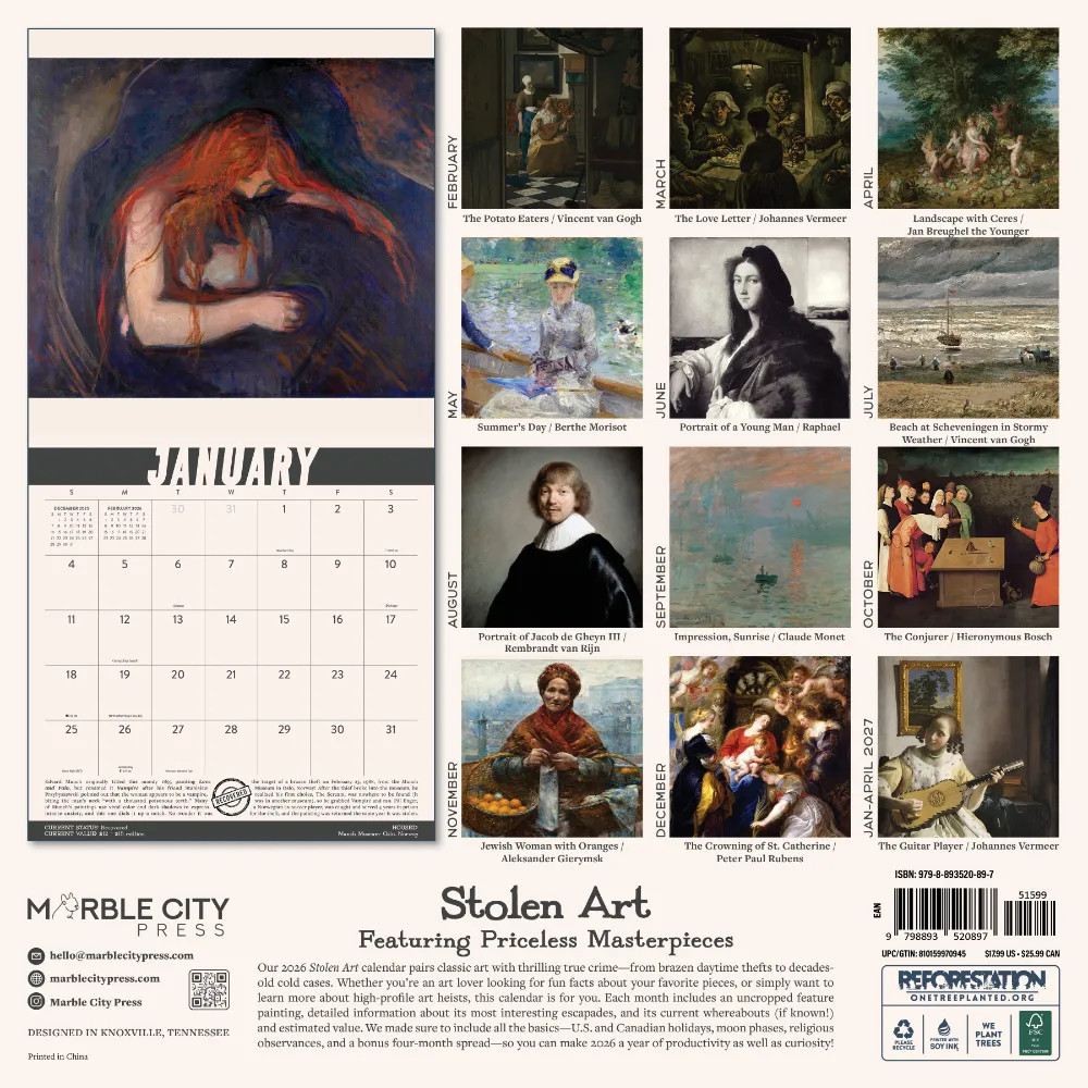 Stolen Art Calendar 2026 | 12″ x 24″ 12 Month Calendar | Marble City Press