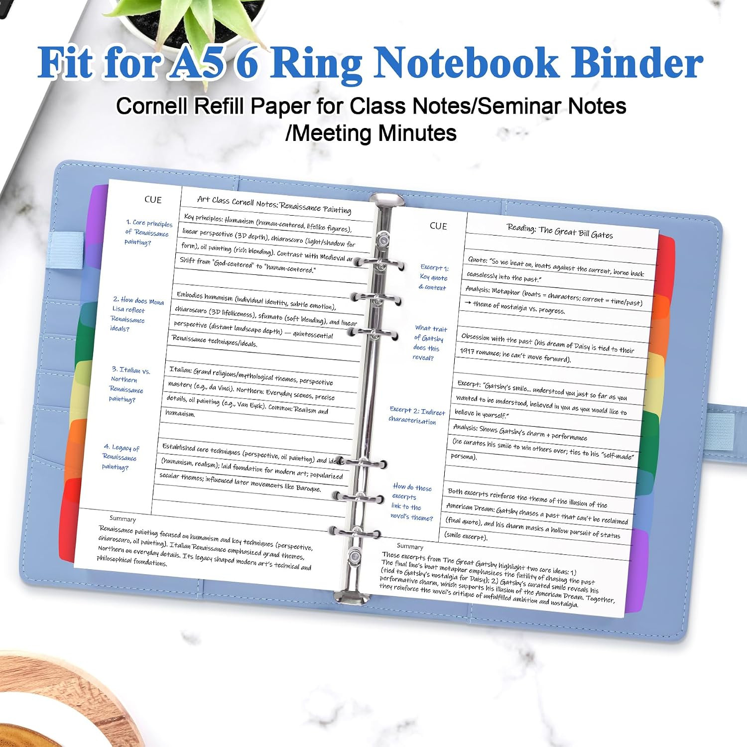 A5 Cornell Notes Refill Paper for A5 6-Ring Binder, 135 Sheets 6-Hole Filler Pap