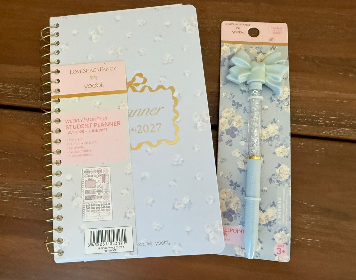 Yoobi Blue LoveShackFancy Weekly/Monthly Student Planner 2026-27 5×8 & Bow Pen