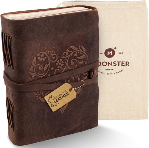 moonster Leather Journal with Embossed Heart Shape – Non 8″ x 6″, Brown
