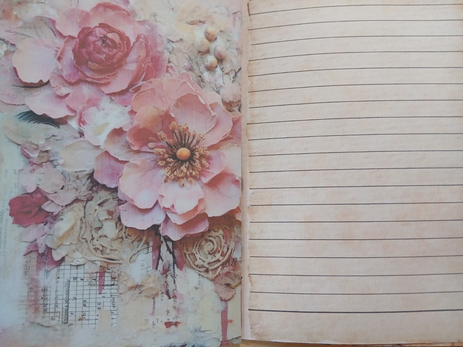 Junk Journal Booklet “3D FLOWERS 2″ Lg 6″x9” 40pg Dimensional Florals In Pink