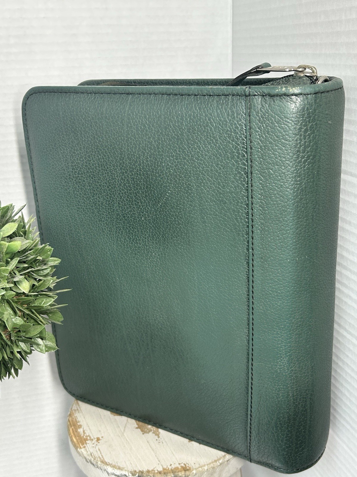 Vintage Franklin Covey Forest Green Leather Zip Around 7 Ring Personal Organizer