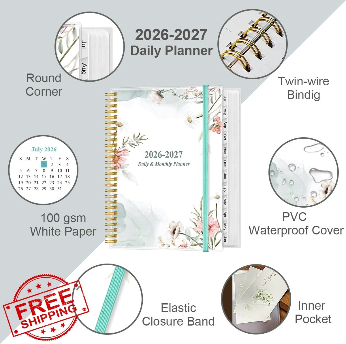 Yaridar 8.5″x11″ Pink Flowers Planner 2026-27
