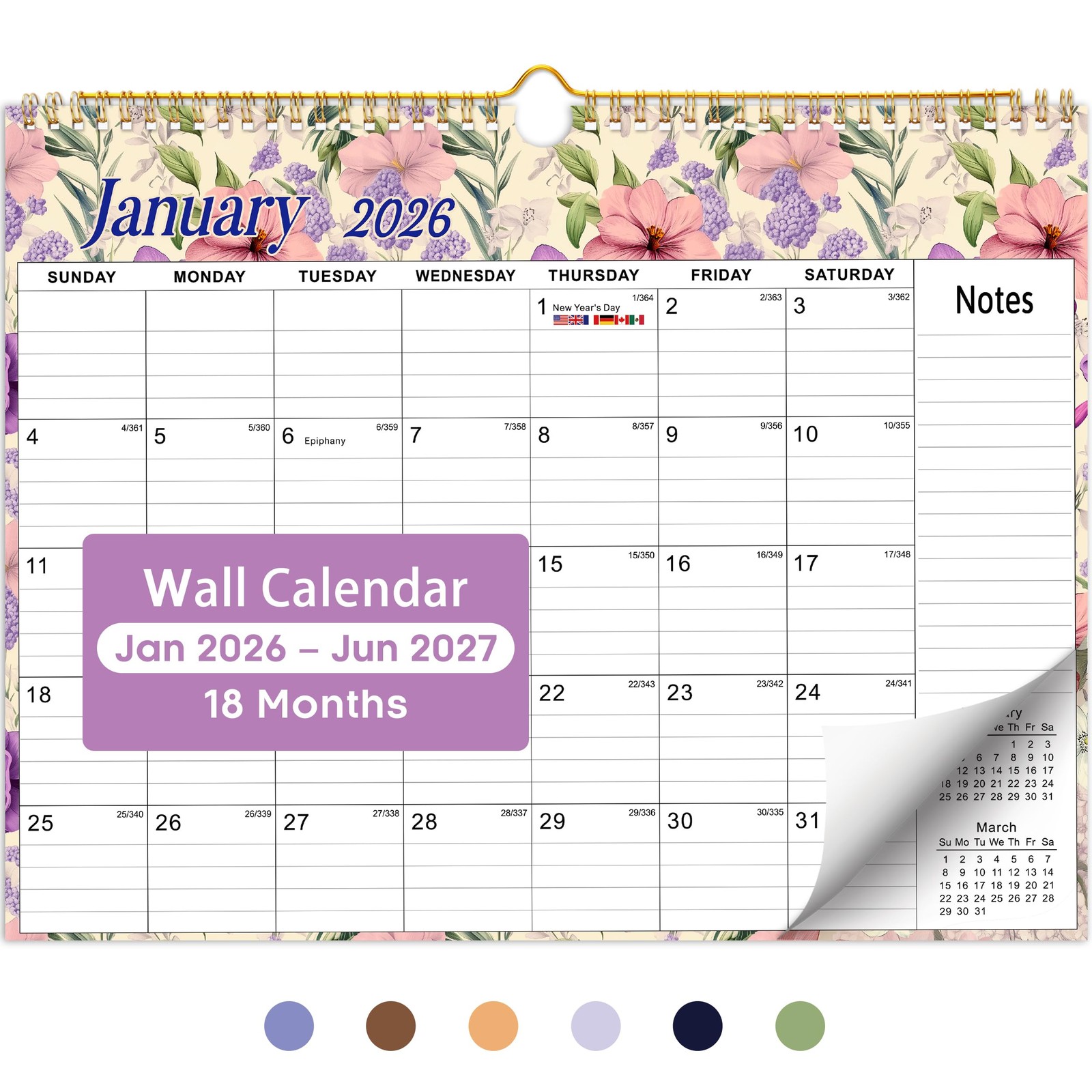 Calendar 2026-2027, 18-Month Wall from Jan 2026 to B.Vintage Floral