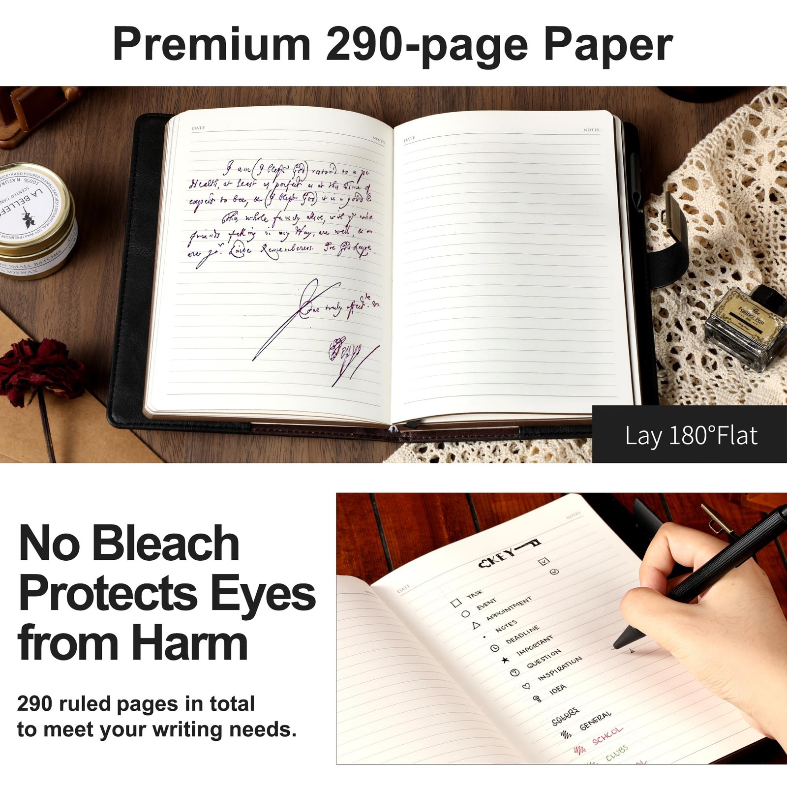 CAGIE Journal with Lock for Men and Women Refillable 290 Lined Pages Black