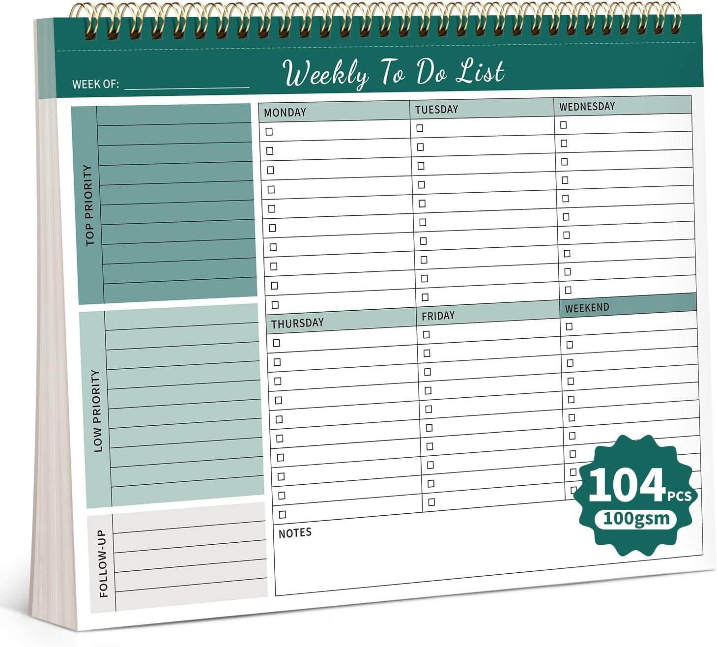 104 Pgs Weekly To Do List Notepad, 52 Duplex-Printed Undated Sheets 100 GSM（8.