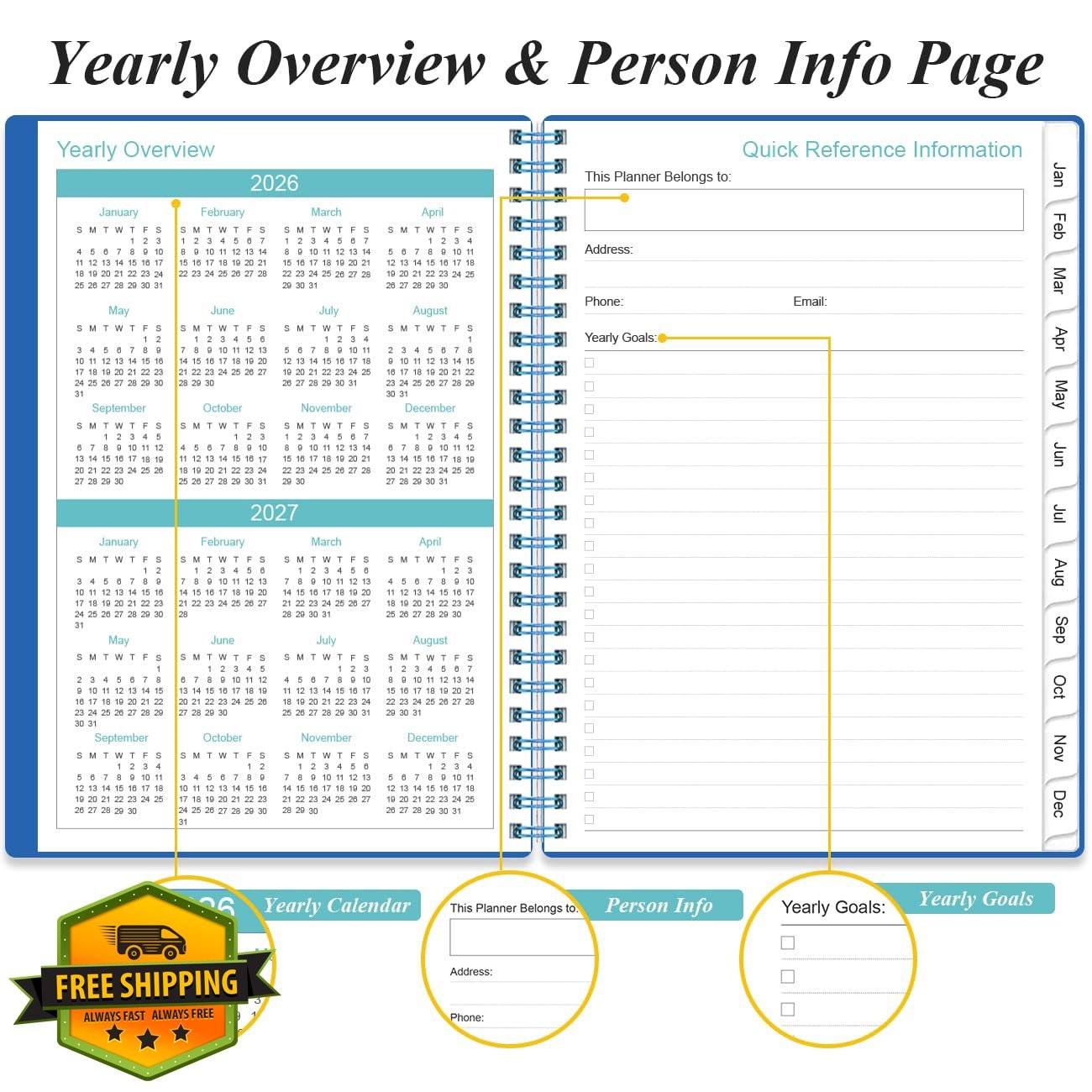 Yaridar 6.4″x8.5″ Blue Planner 2026