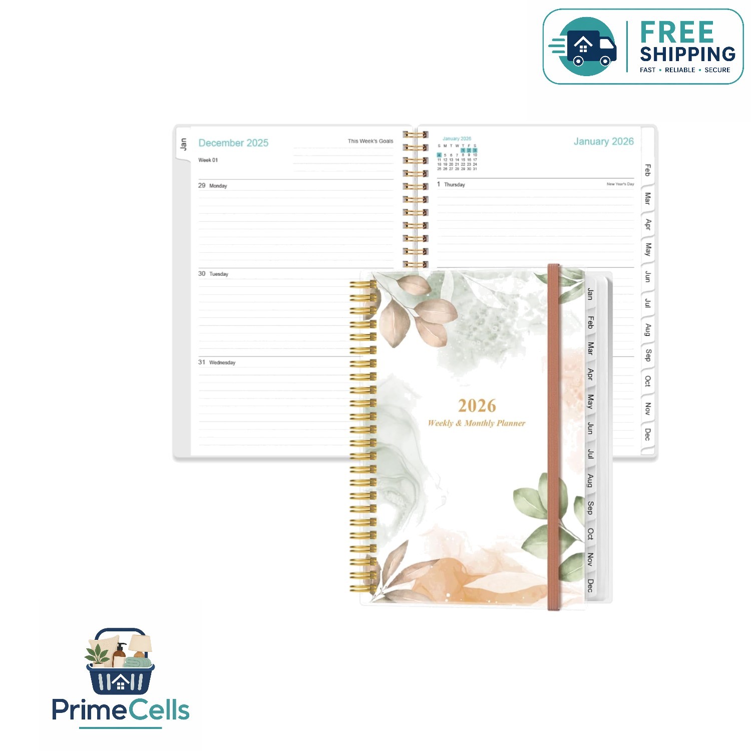 Rose Leaf A5 Planner 2026 – Flexible, Spiral Bound Organizer with Tabs & Pocket