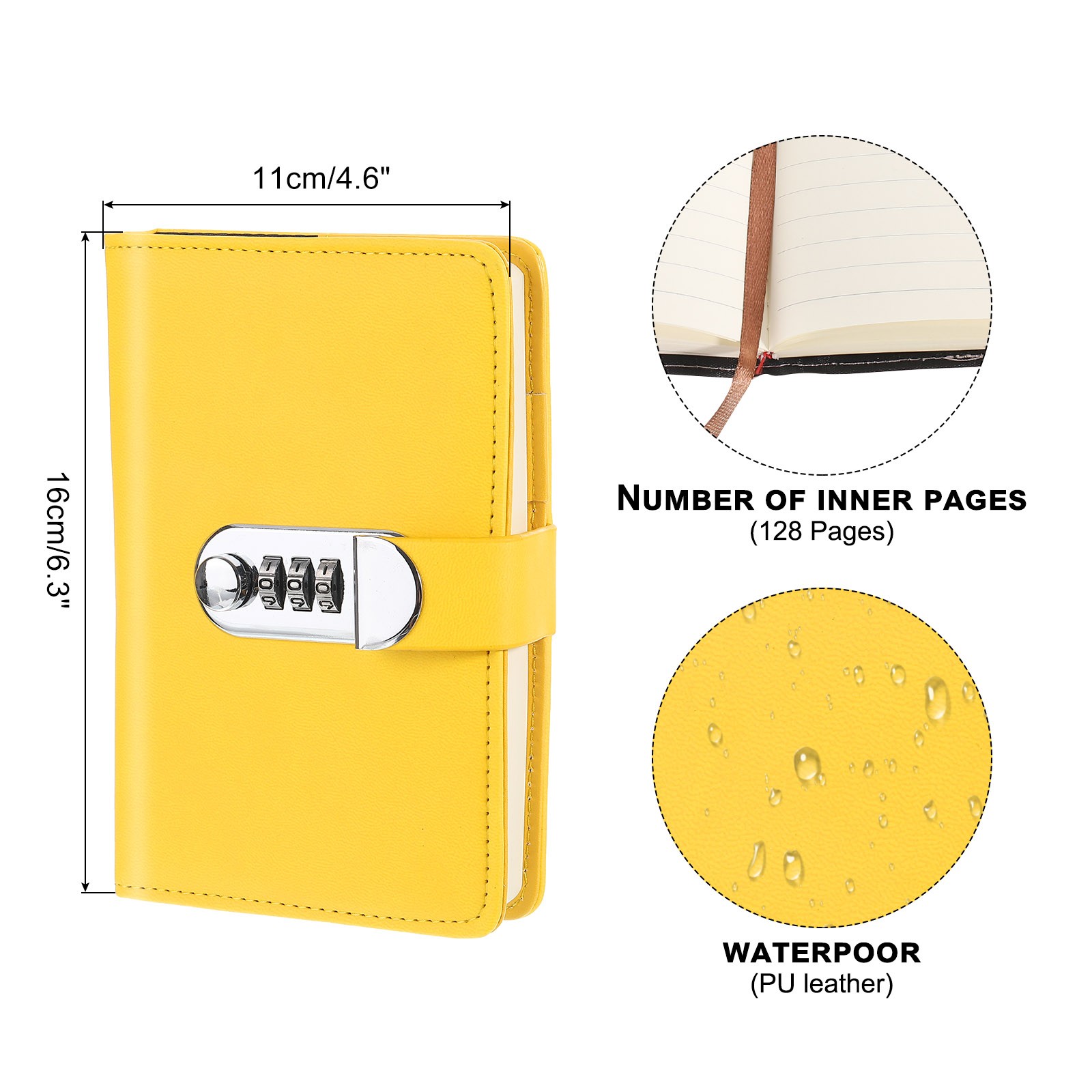 A6 Diary with Lock, Journal with Lock Cute Leather Notebook Journal, Yellow