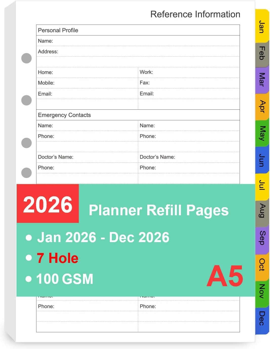 Tiankool 2026 Planner Refill for A5 7-Ring Binder,Weekly & Monthly Planner Inser