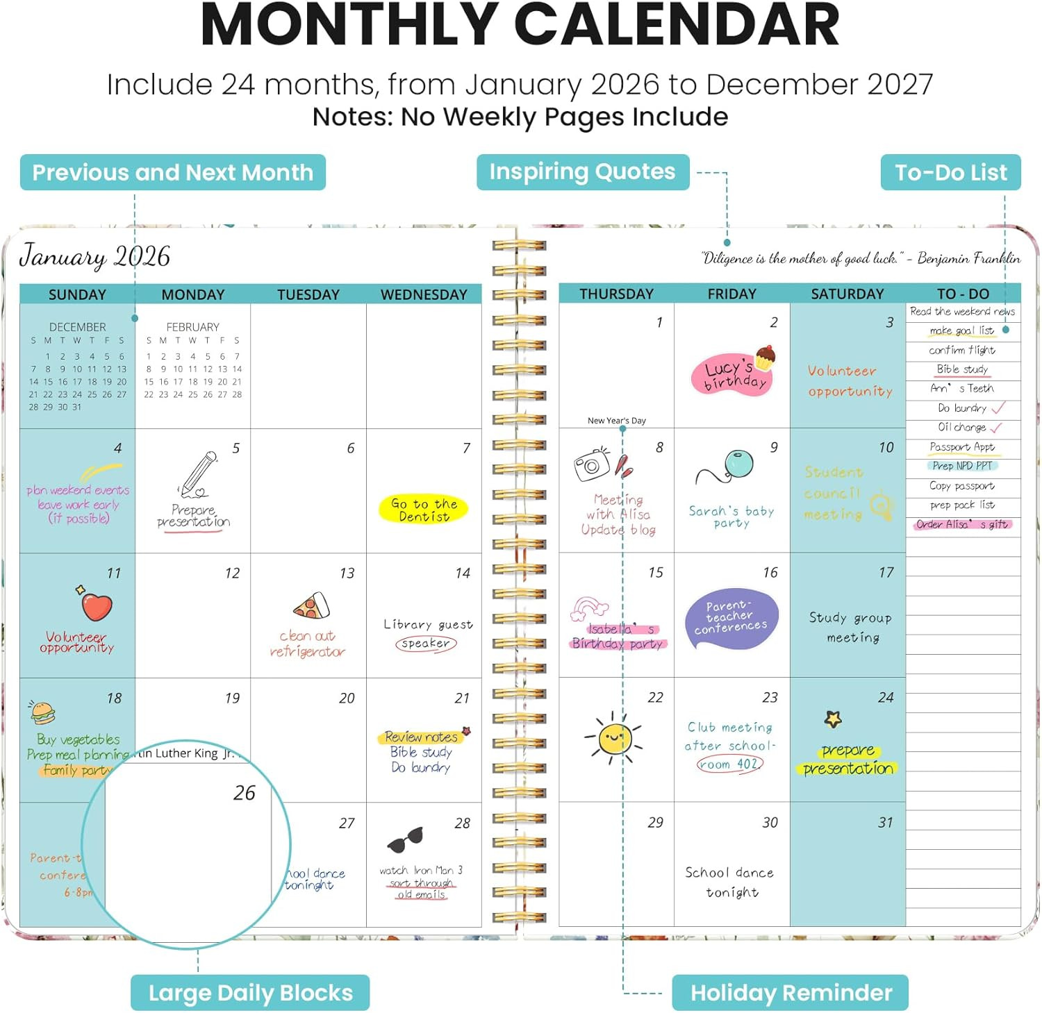 2026 2027 Monthly Planner 24 Month Wildflowers Calendar 7×10 Aesthetic Book Pack