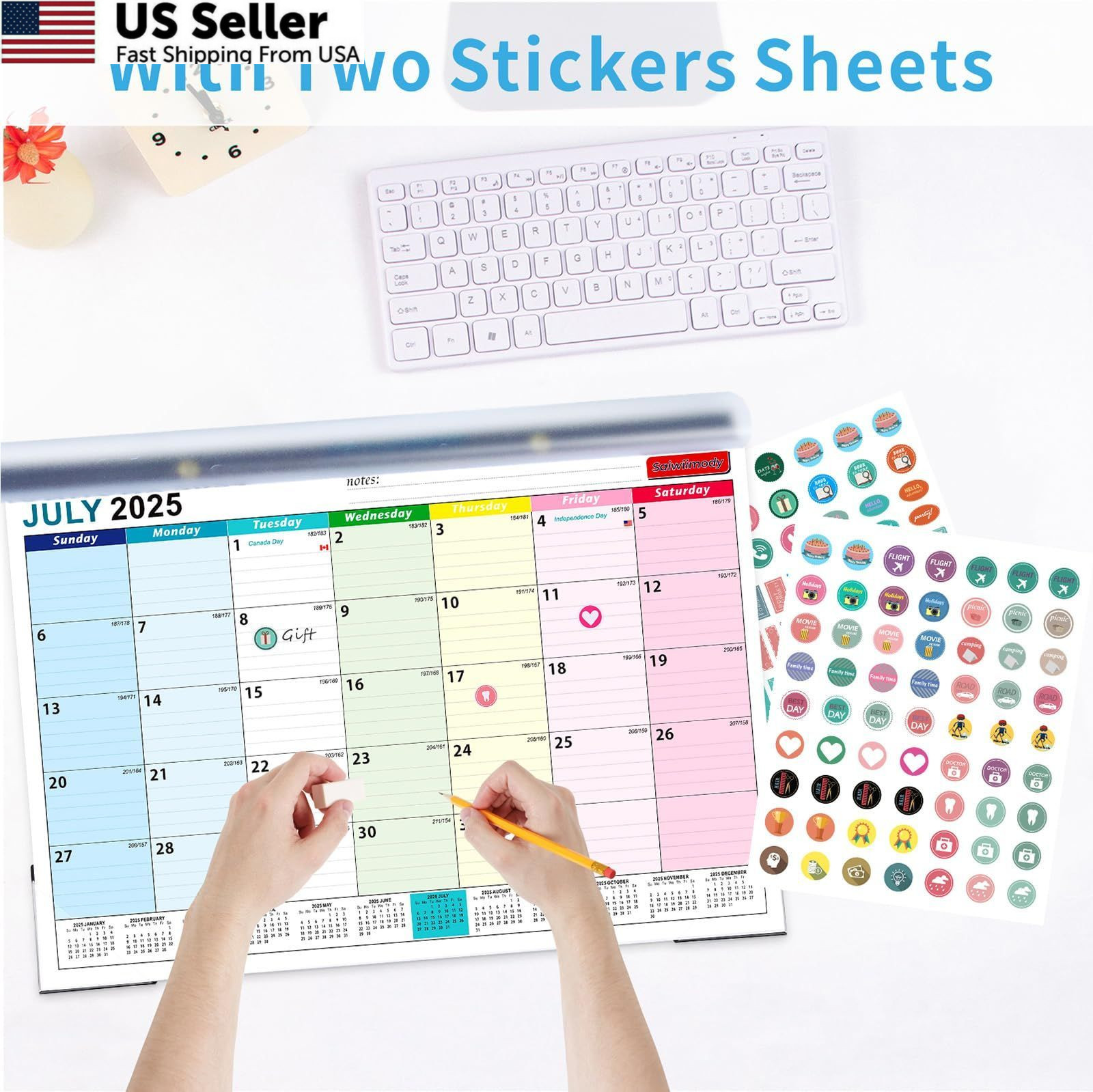 2026 Calendar with Stickers and Clear Waterproof Cover 17 x 12 inch, Colorful