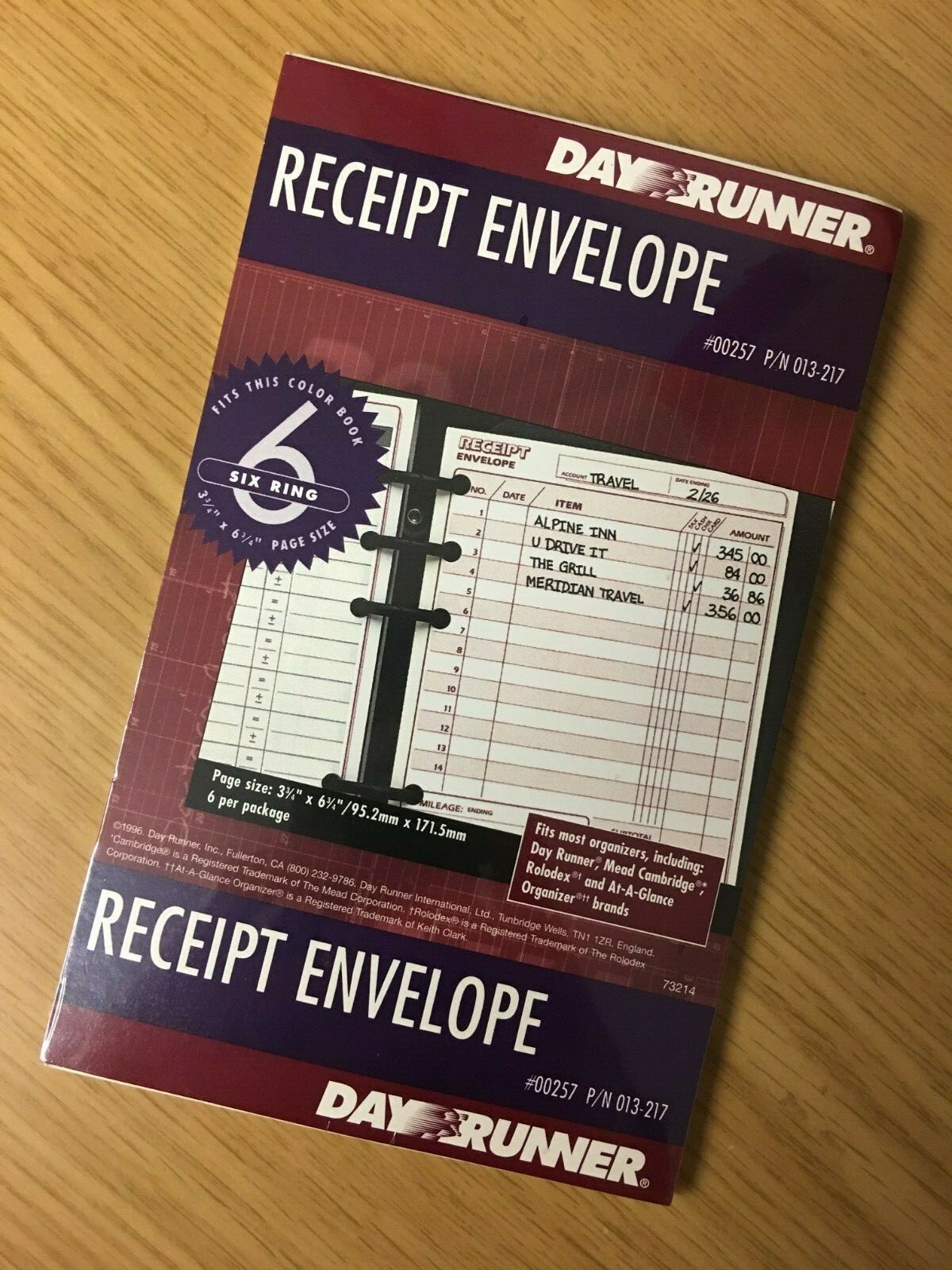 Day Runner Receipt Envelope (12 Per Pack) for 3¾” x 6¾” 6 Ring Organizers – New
